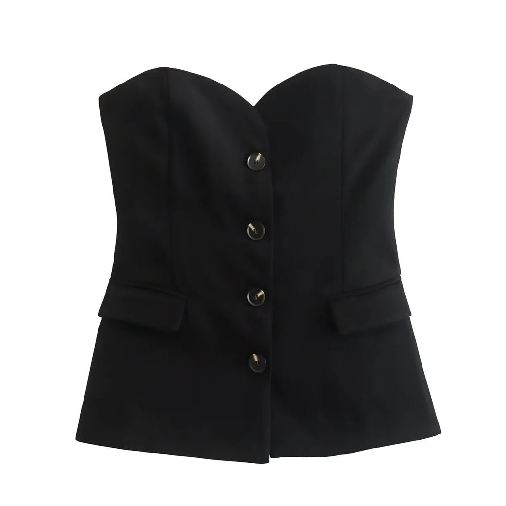 Strapless Button Front Tailored Bustier Top - Black