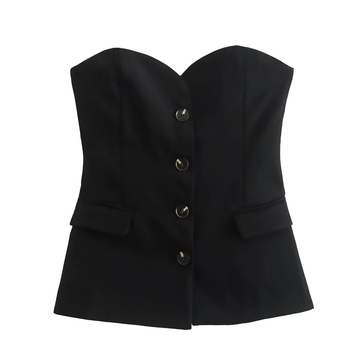 Strapless Button Front Tailored Bustier Top - Black