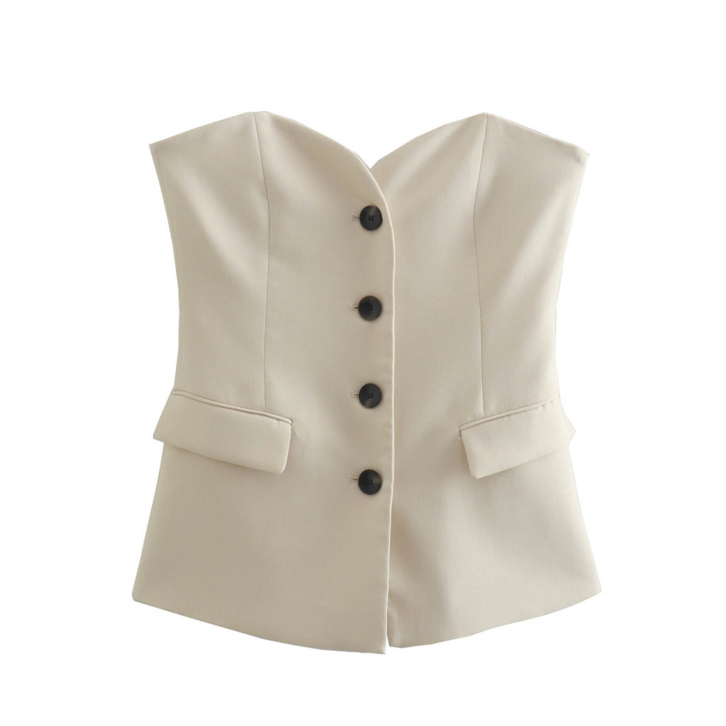 Strapless Button Front Tailored Bustier Top - Tan - 1