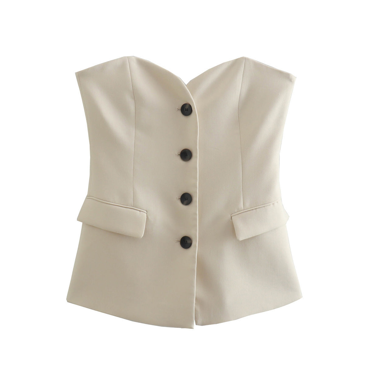 Strapless Button Front Tailored Bustier Top - Tan - 1