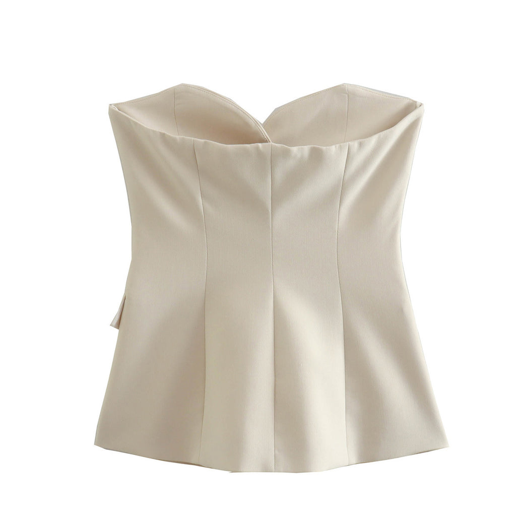 Strapless Button Front Tailored Bustier Top - Tan - 13