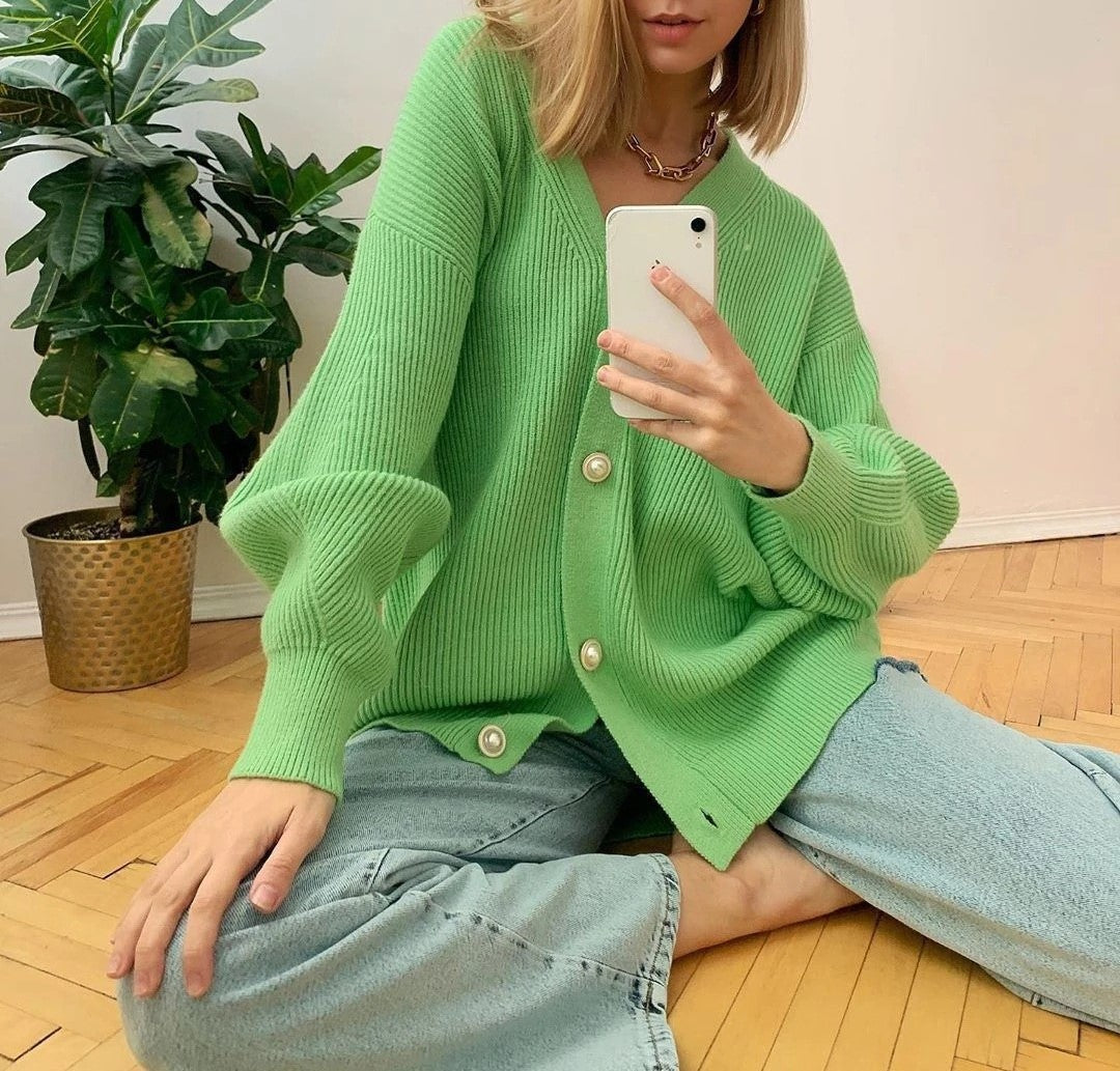 Pearl Button Oversized V Neck Cardigan - Green