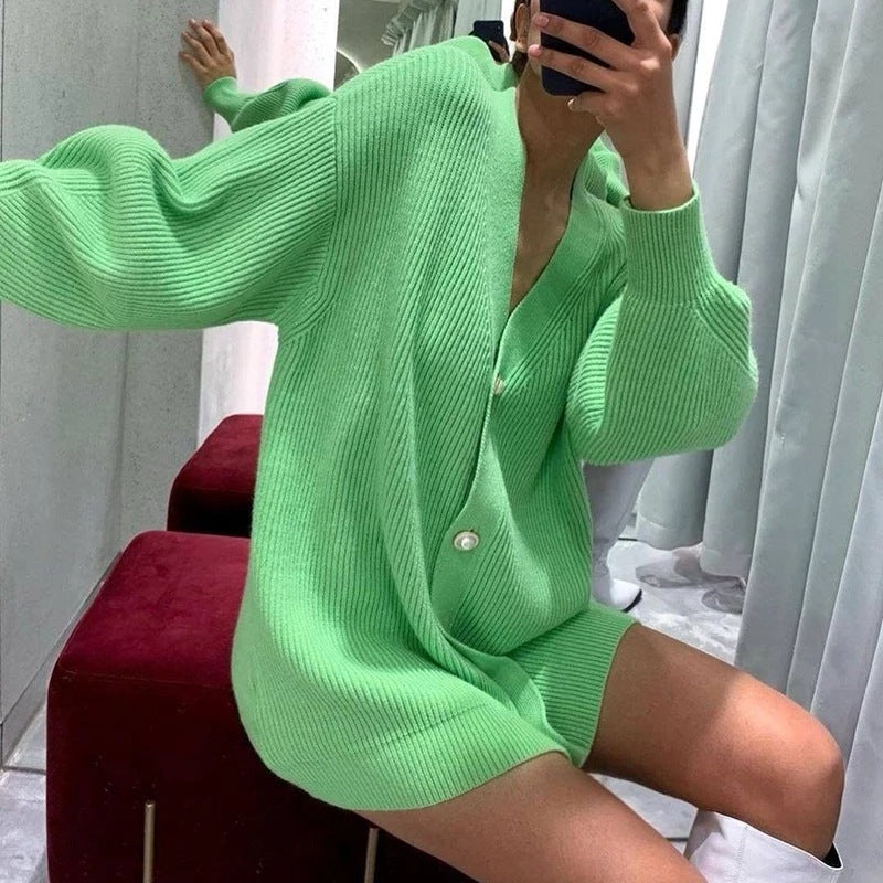 Pearl Button Oversized V Neck Cardigan - Green - 1