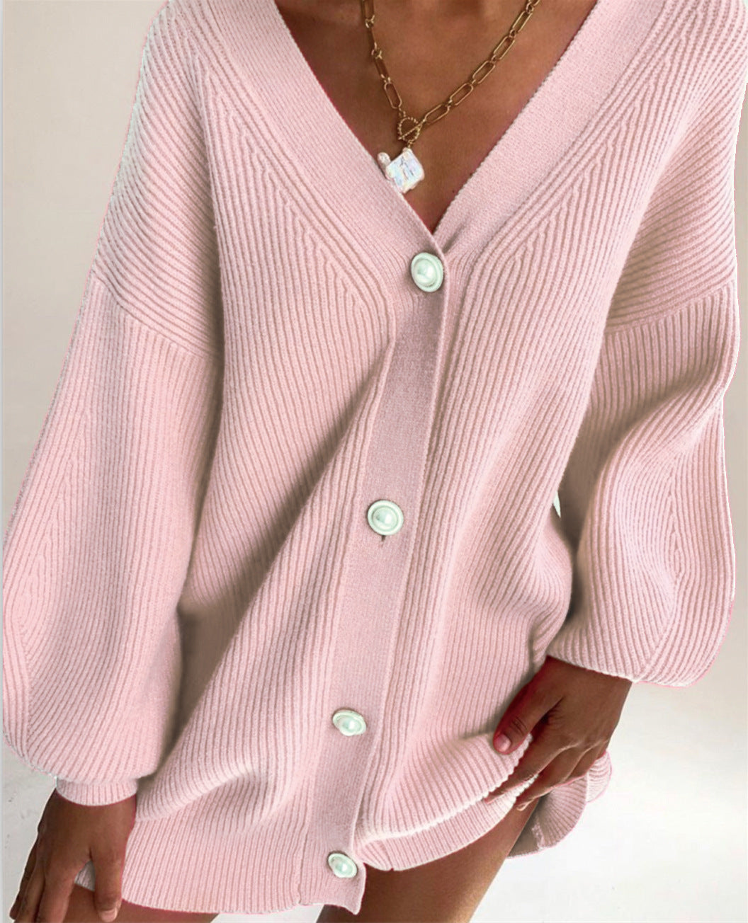 Pearl Button Oversized V Neck Cardigan - Pink