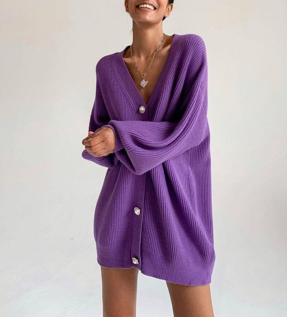 Pearl Button Oversized V Neck Cardigan - Purple - 2