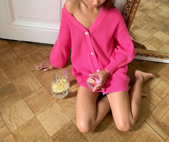 Pearl Button Oversized V Neck Cardigan - Rose red