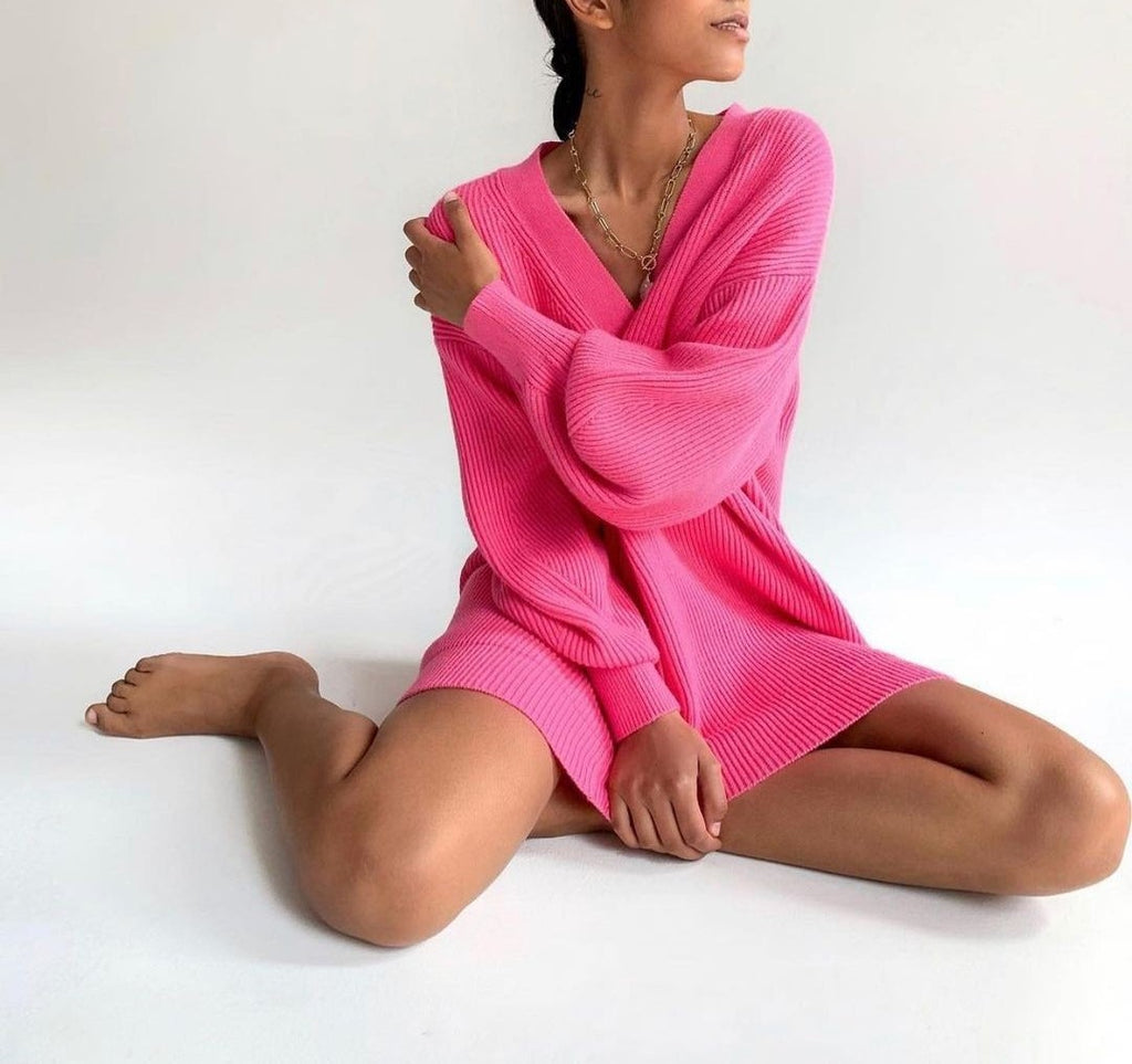 Pearl Button Oversized V Neck Cardigan - Rose red - 1