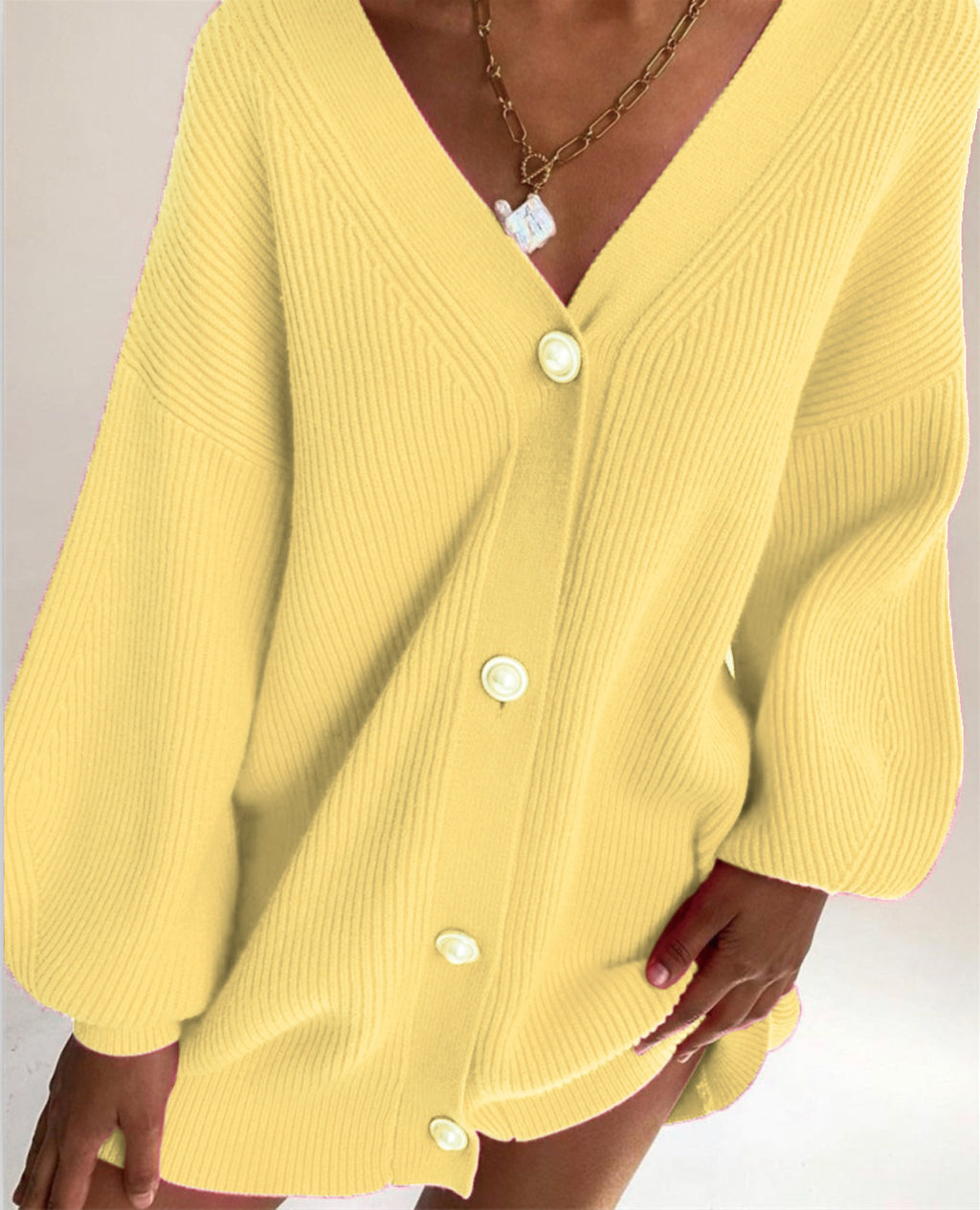 Pearl Button Oversized V Neck Cardigan - Yellow