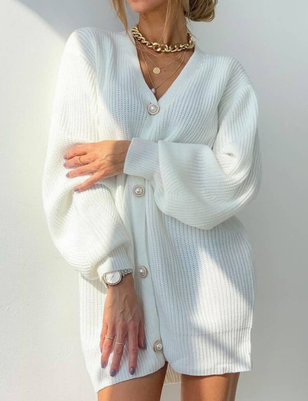 Pearl Button Oversized V Neck Cardigan