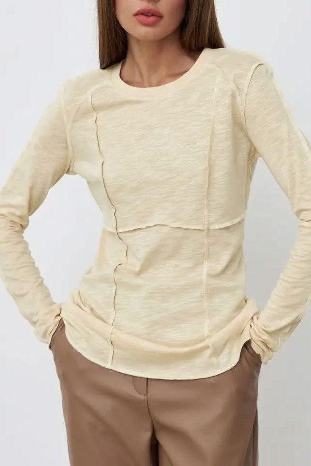 Exposed Seam Slim Long Sleeve Tee - Beige - 1