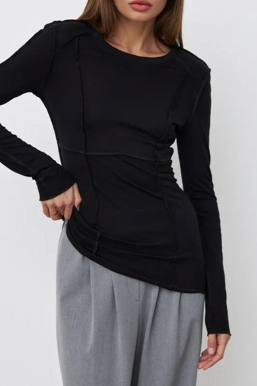 Exposed Seam Slim Long Sleeve Tee - Black - 1