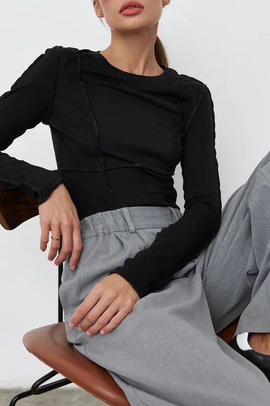Exposed Seam Slim Long Sleeve Tee - Black - 3