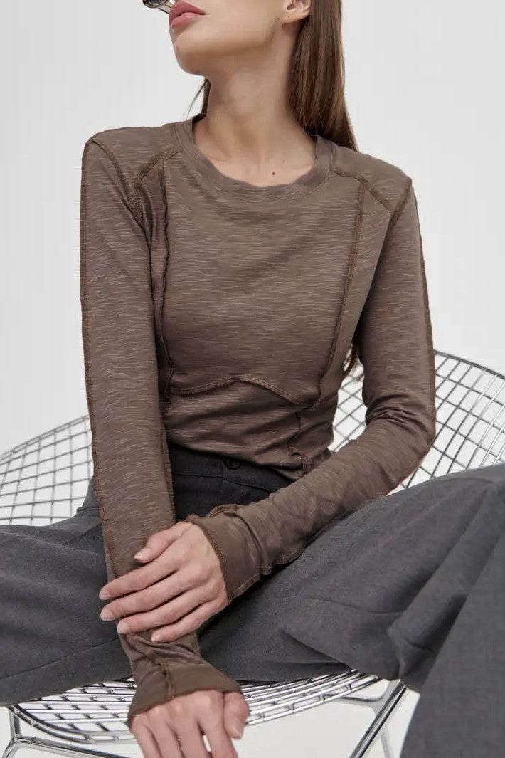 Exposed Seam Slim Long Sleeve Tee - Taupe - 10