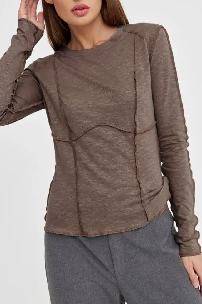 Exposed Seam Slim Long Sleeve Tee - Taupe - 11