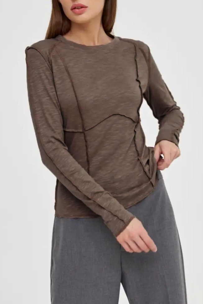 Exposed Seam Slim Long Sleeve Tee - Taupe - 8