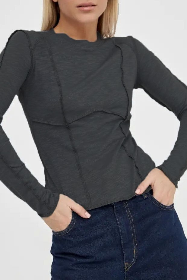 Exposed Seam Slim Long Sleeve Tee - charcoal - 1