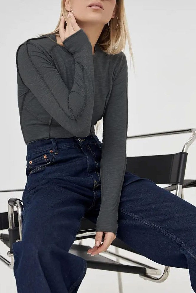 Exposed Seam Slim Long Sleeve Tee - charcoal - 5