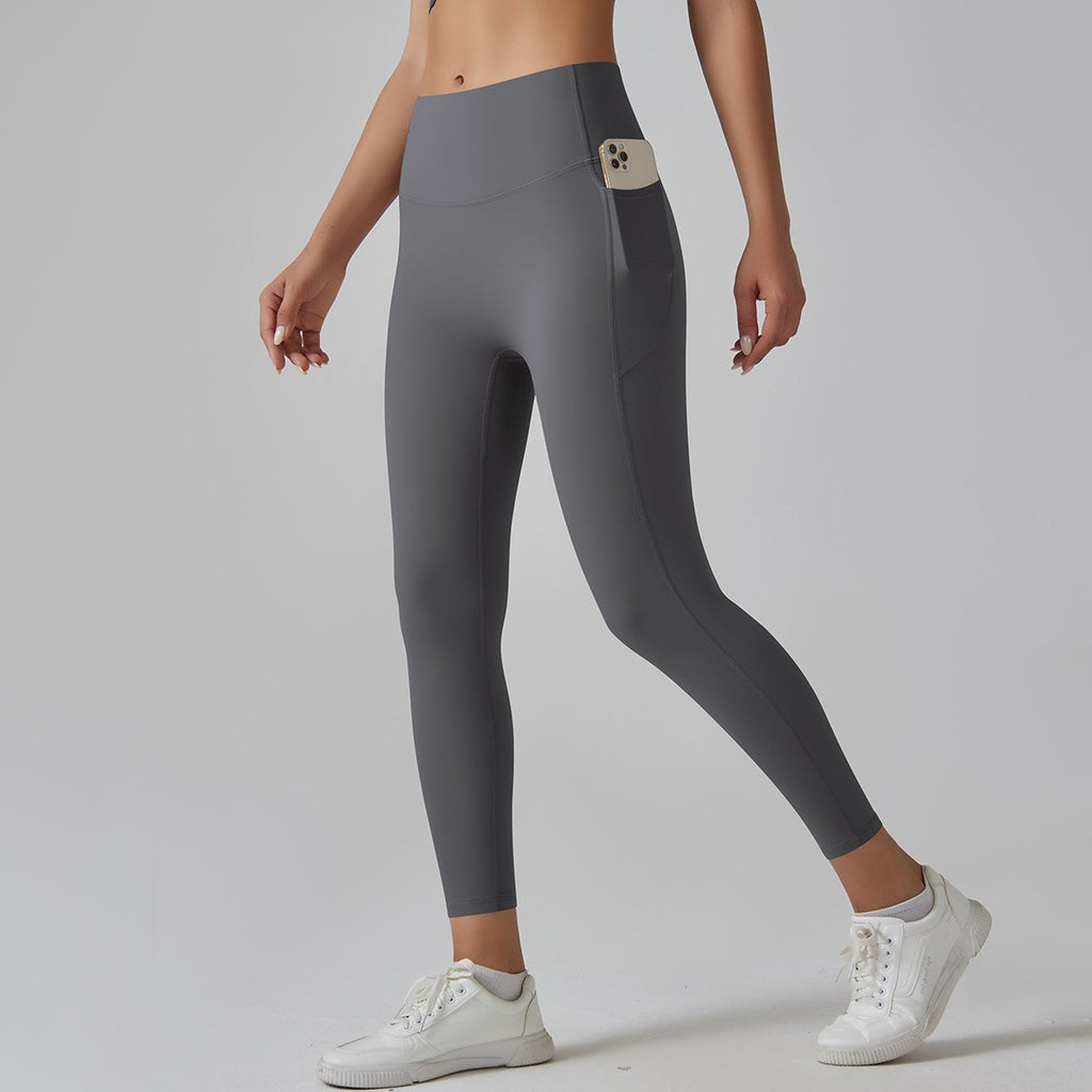 Brushed Nylon High Rise Side Pocket Yoga Leggings - Dark Gray