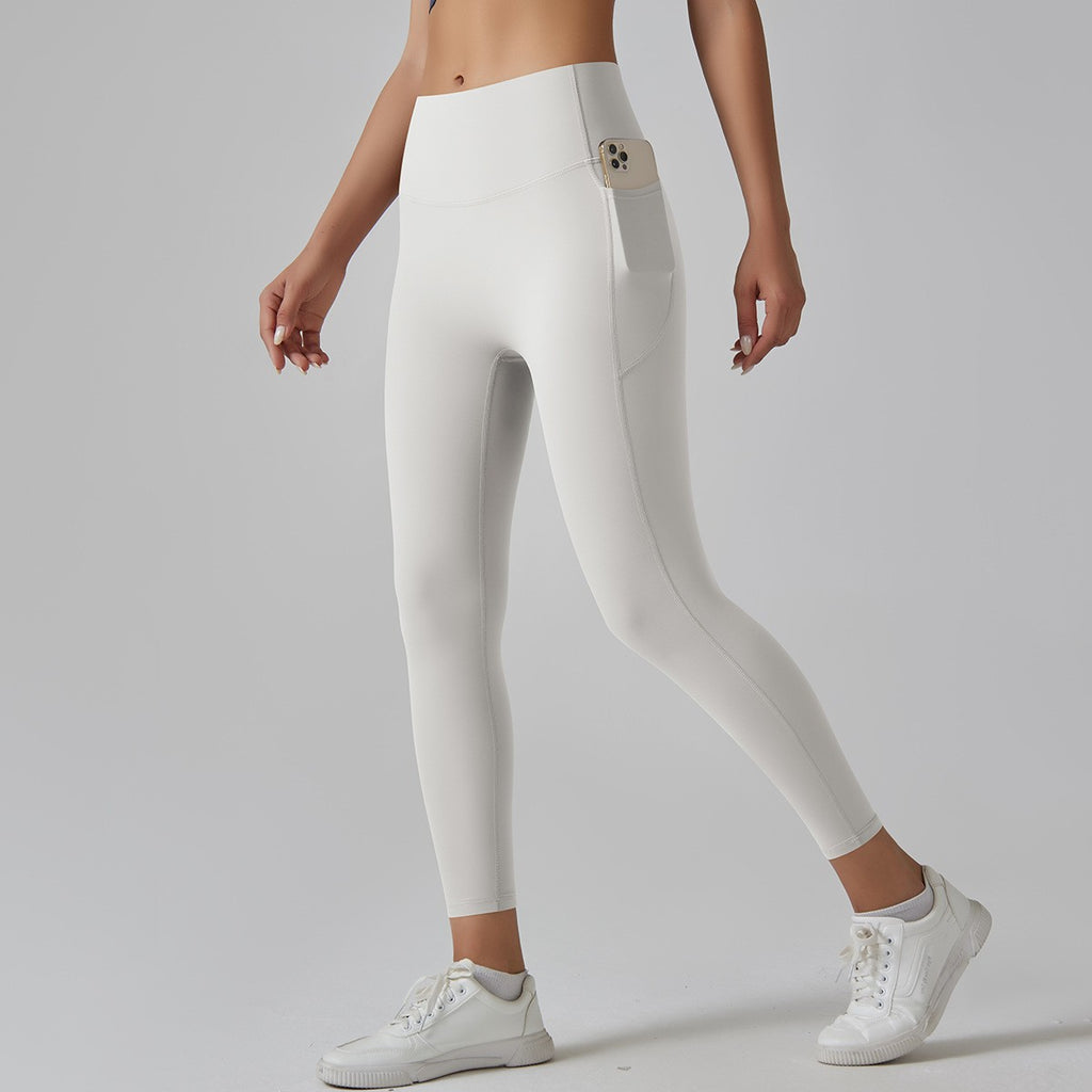 Brushed Nylon High Rise Side Pocket Yoga Leggings - Off White