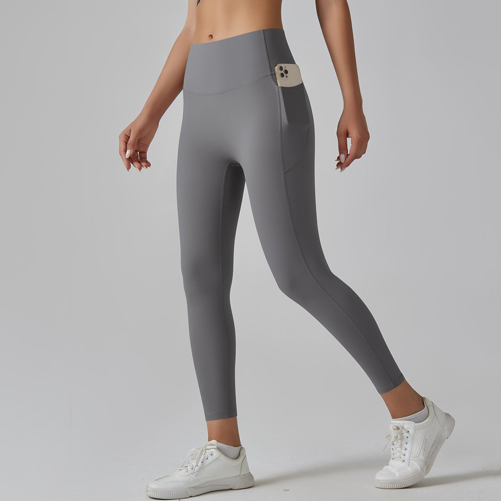 Brushed Nylon High Rise Side Pocket Yoga Leggings - Titanium Gray