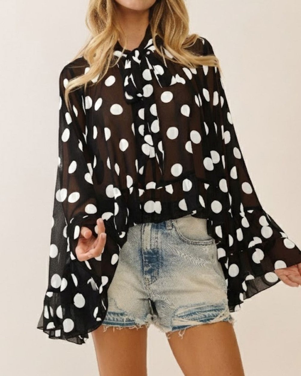 Polka Dot Tie Neck Bell Sleeve Blouse - Black