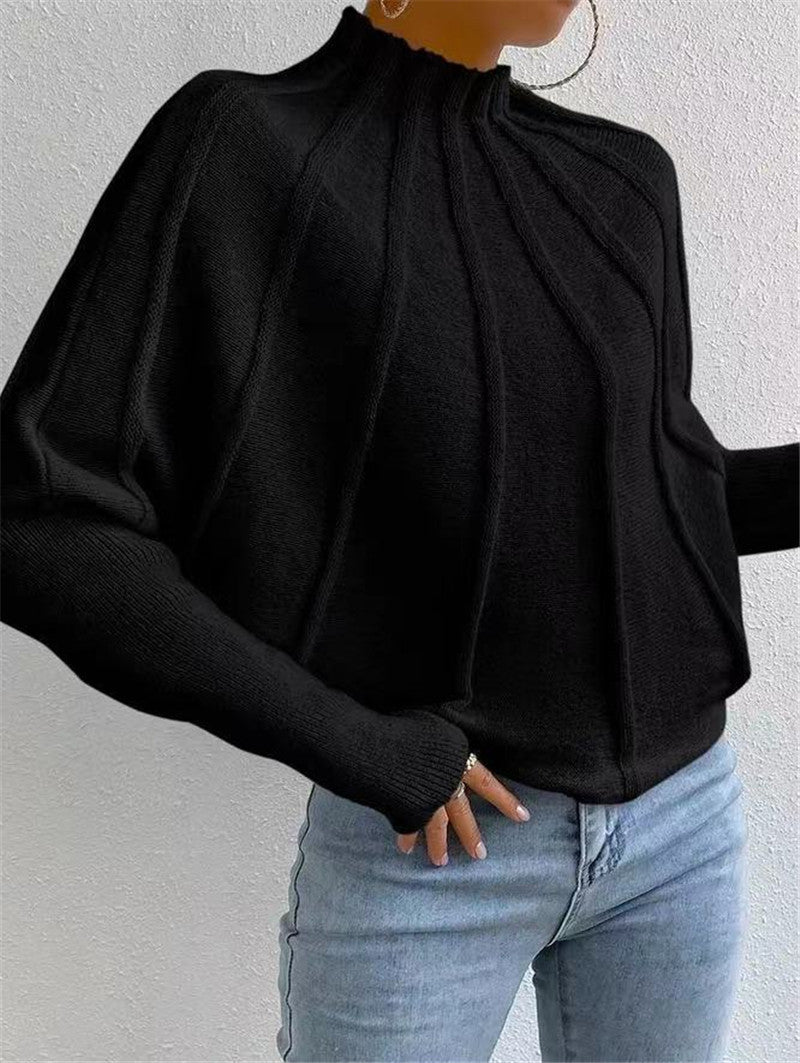 Wide Rib Mock Neck Dolman Sleeve Sweater - Black
