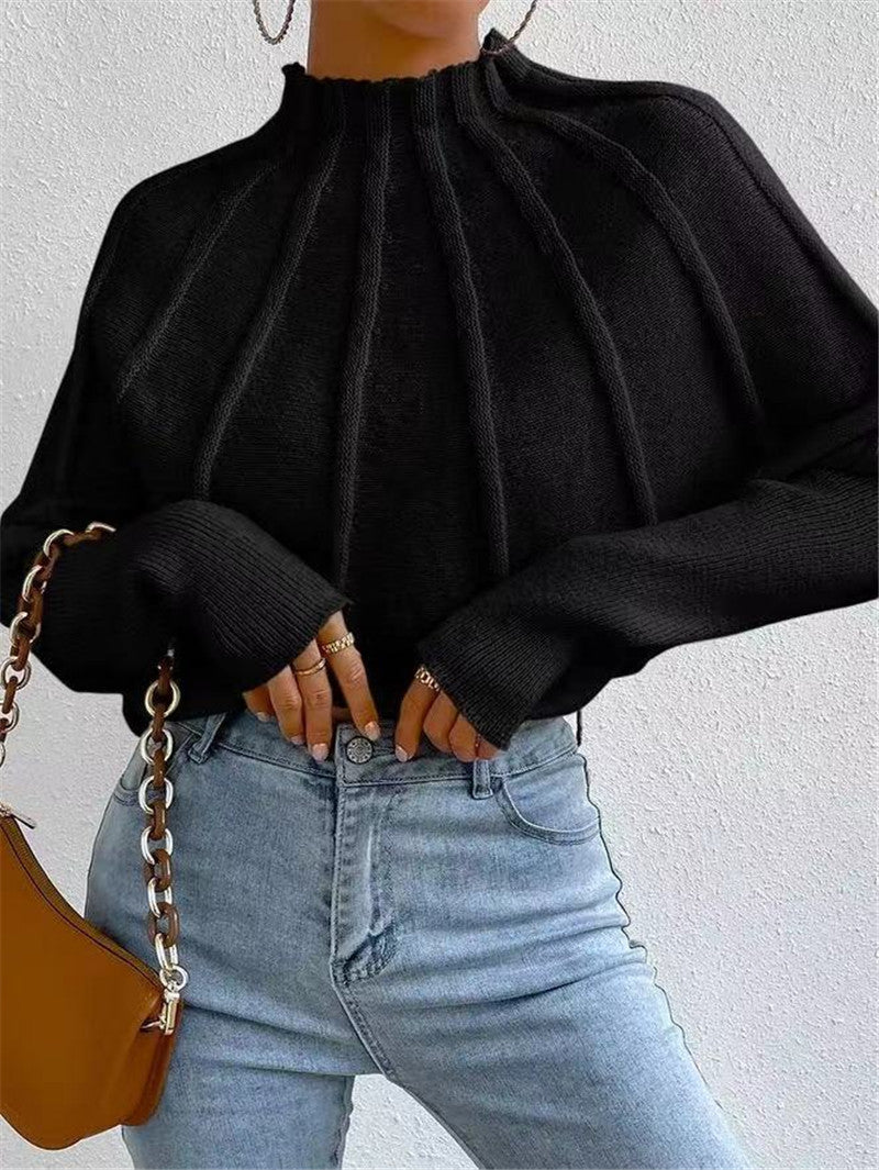 Wide Rib Mock Neck Dolman Sleeve Sweater - Black - 1