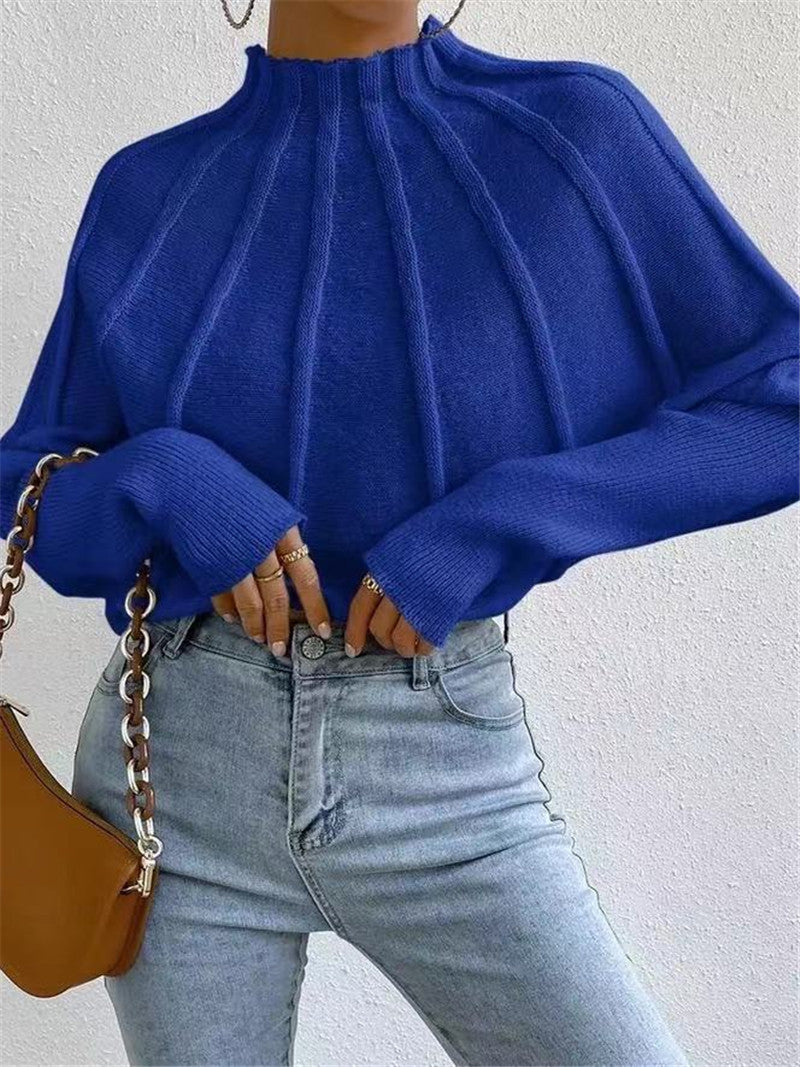 Wide Rib Mock Neck Dolman Sleeve Sweater - Blue