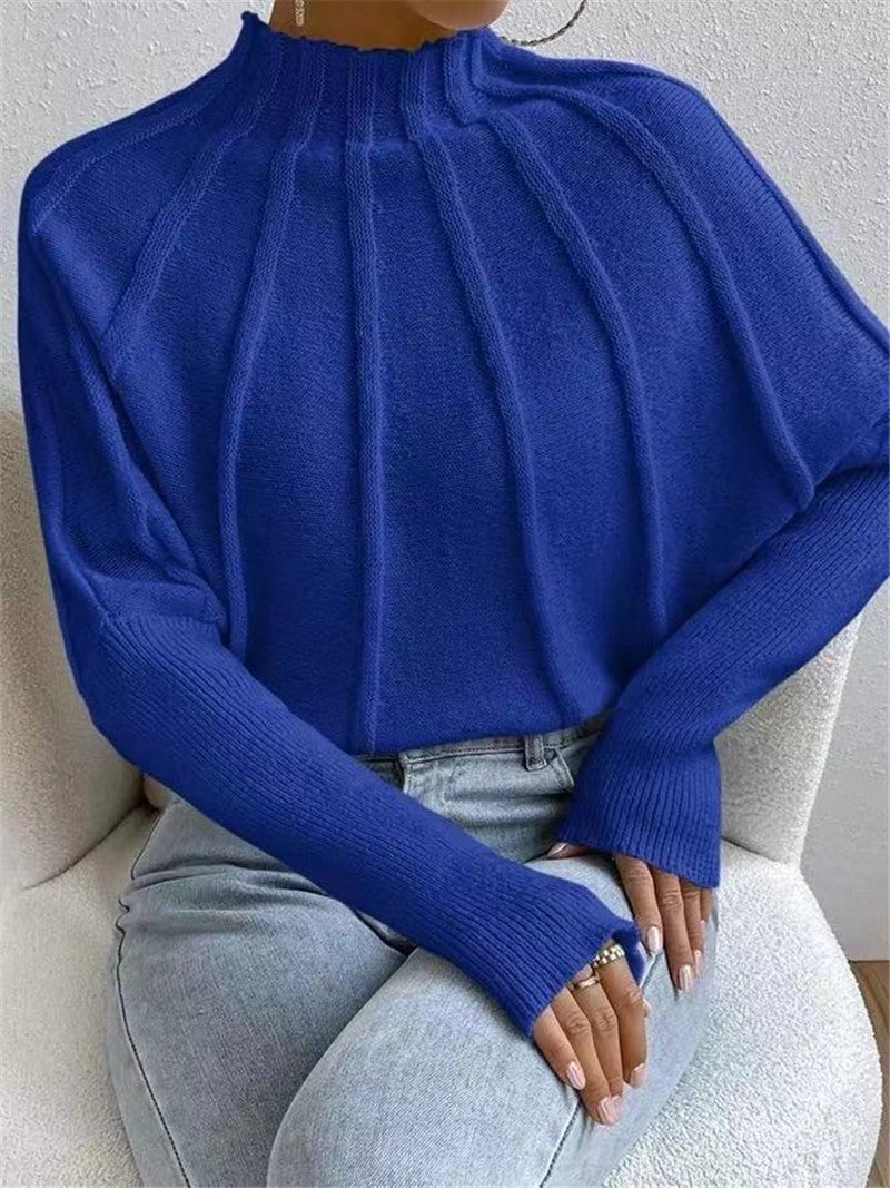 Wide Rib Mock Neck Dolman Sleeve Sweater - Blue - 1