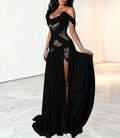 Sheer Lace Off Shoulder Draped Slit Maxi Gown - Black