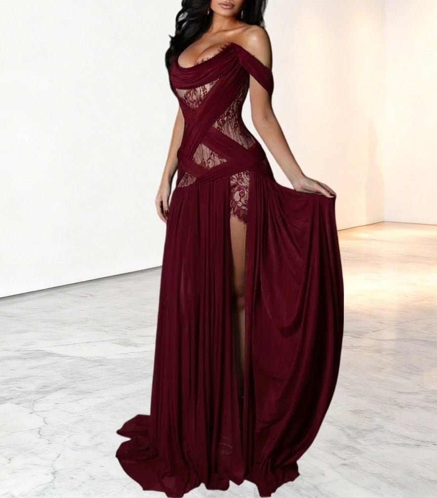 Sheer Lace Off Shoulder Draped Slit Maxi Gown - Burgundy