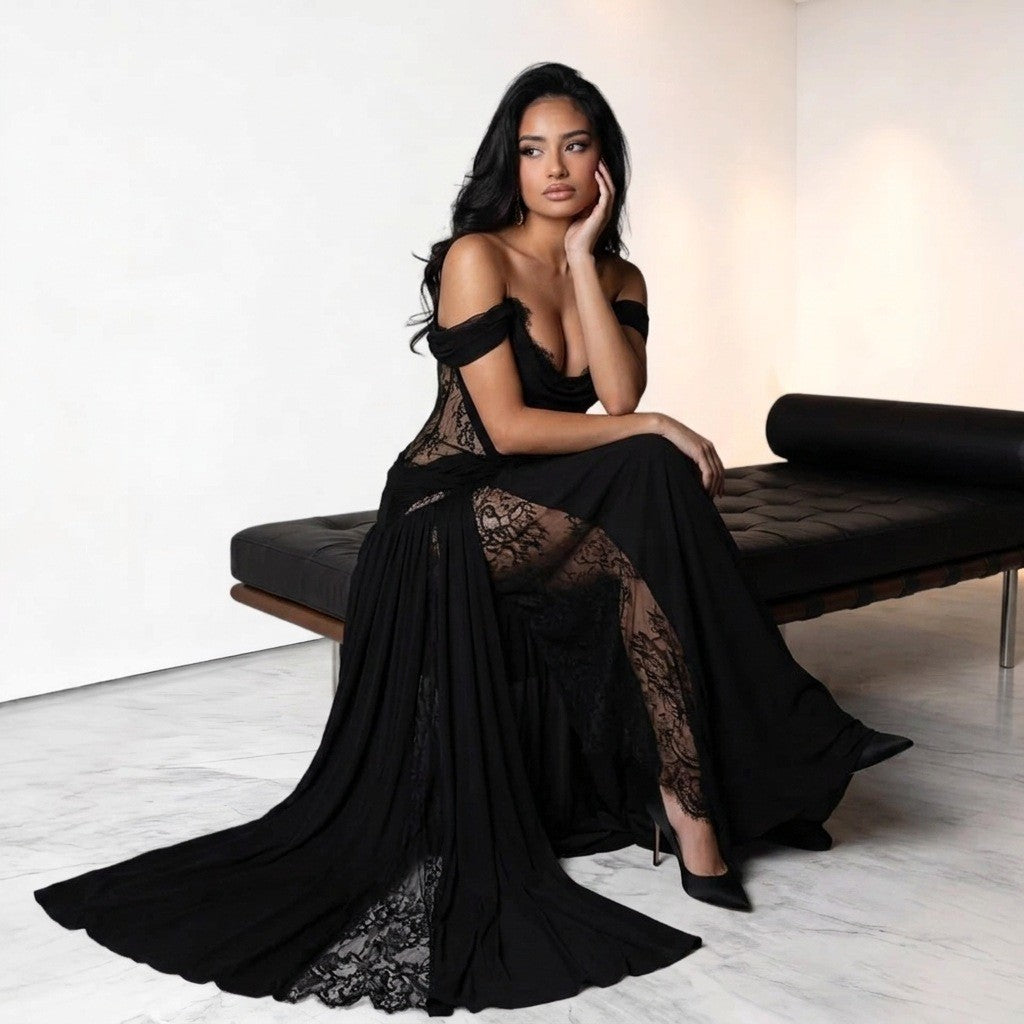 Sheer Lace Off Shoulder Draped Slit Maxi Gown