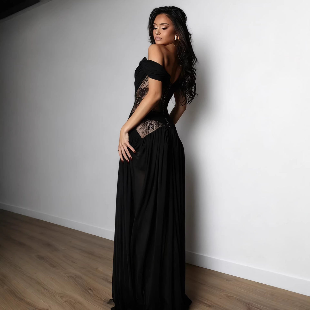 Sheer Lace Off Shoulder Draped Slit Maxi Gown