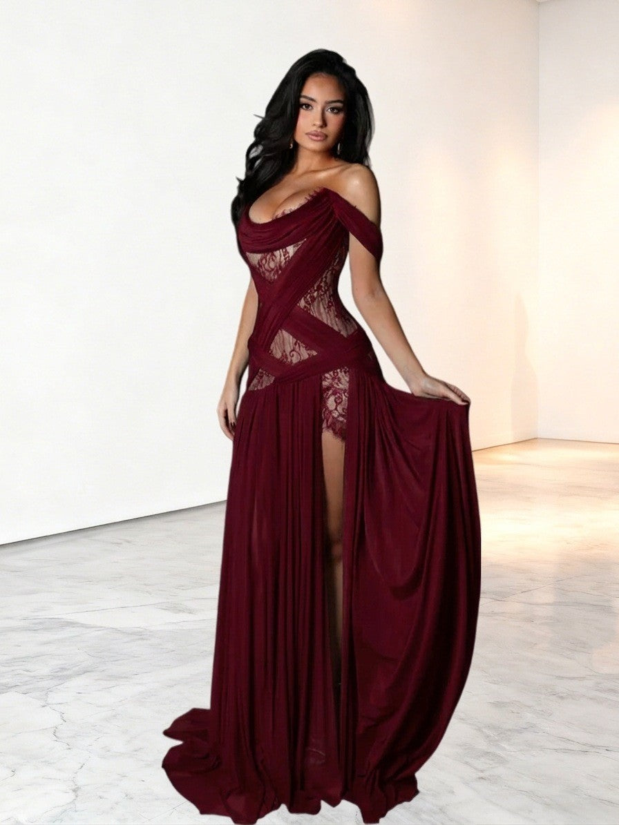 Sheer Lace Off Shoulder Draped Slit Maxi Gown