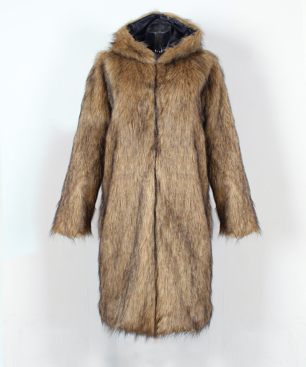 Hooded Shaggy Faux Fur Coat - Brown