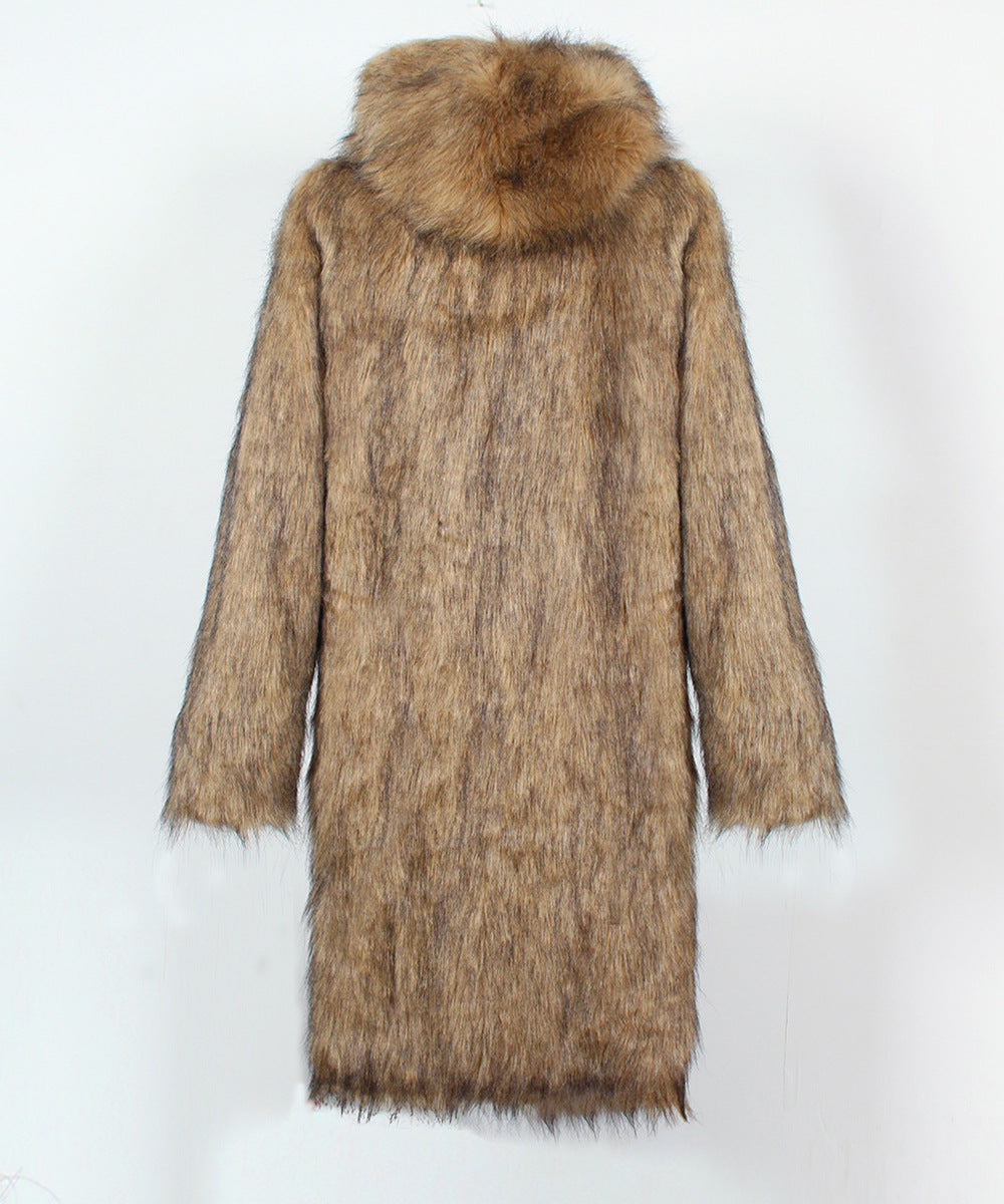 Hooded Shaggy Faux Fur Coat - Brown - 1