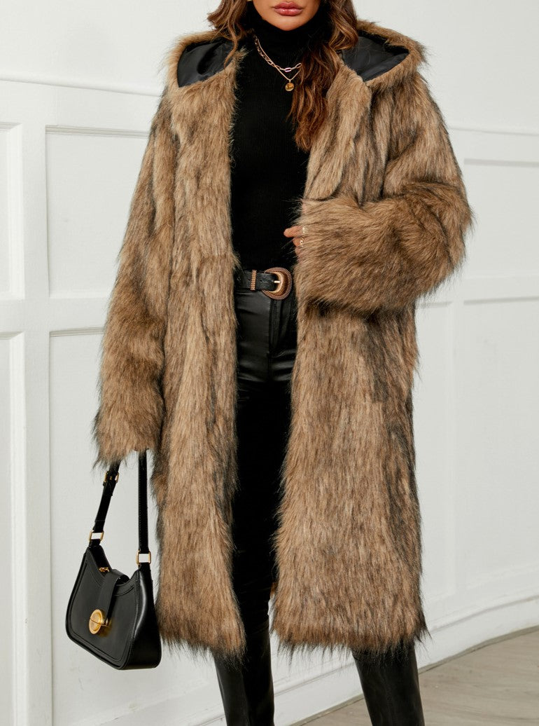 Hooded Shaggy Faux Fur Coat - Brown - 2