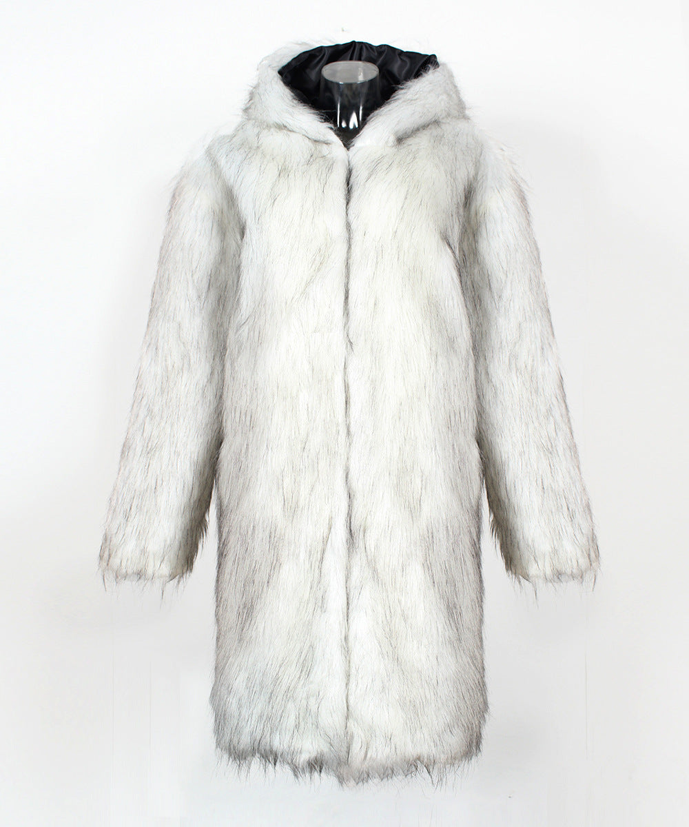 Hooded Shaggy Faux Fur Coat - White - 1