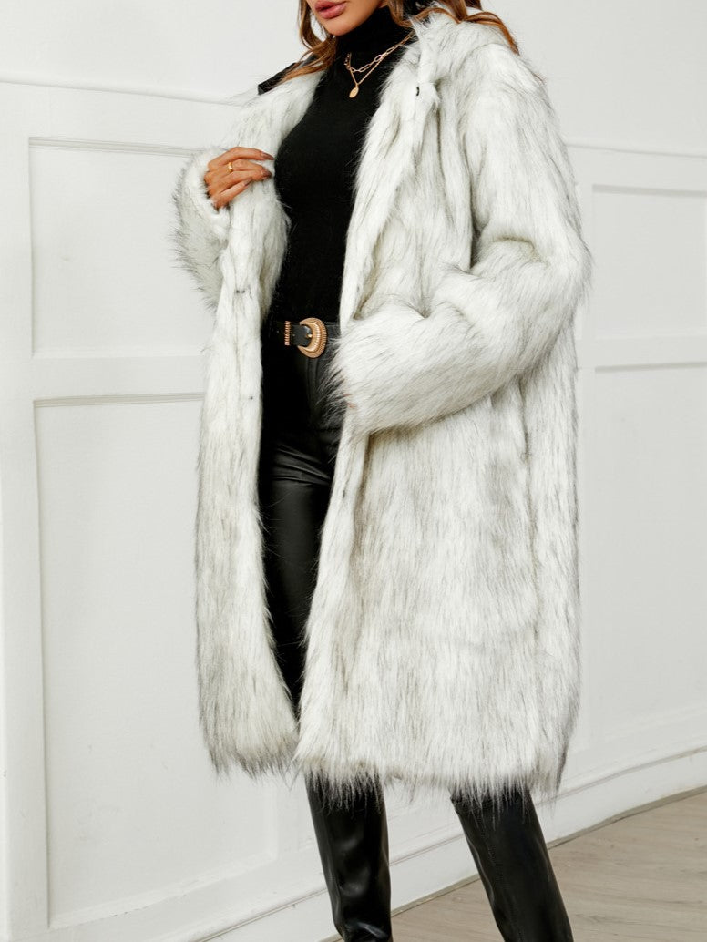 Hooded Shaggy Faux Fur Coat - White - 2