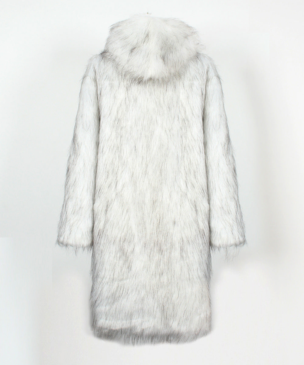 Hooded Shaggy Faux Fur Coat - White - 3