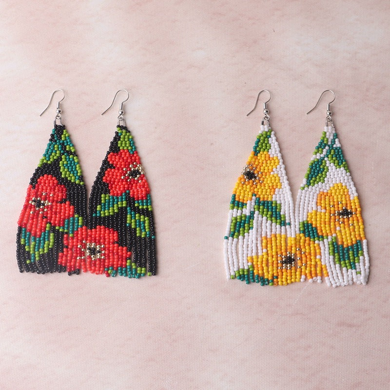 Beaded Fringe Floral Statement Drop Earrings