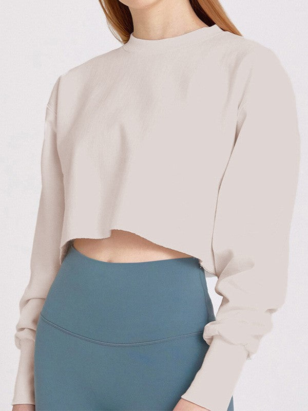 Boxy Cropped Crewneck Sweatshirt - Beige - 1