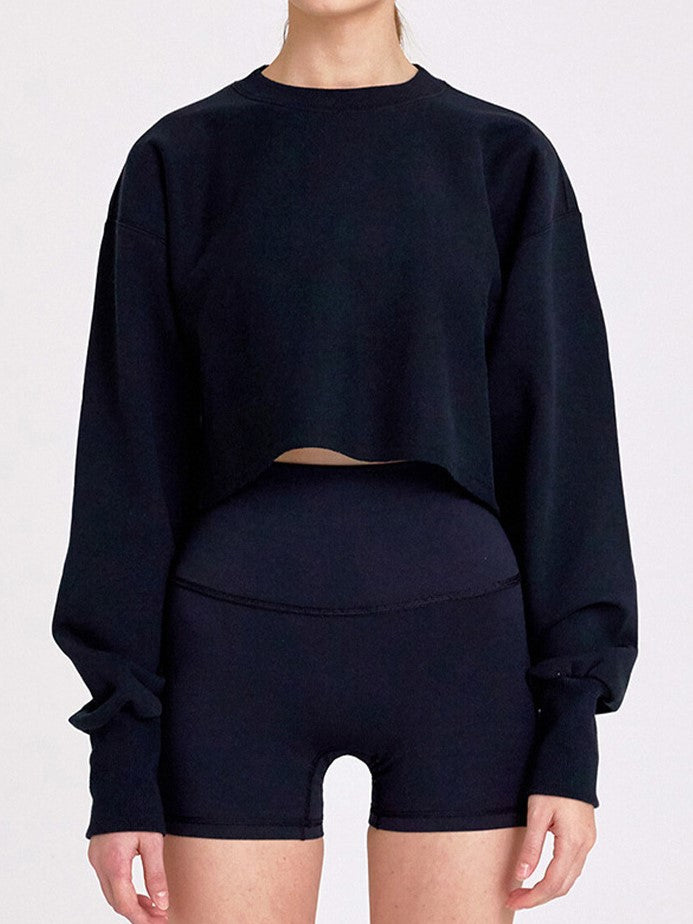 Boxy Cropped Crewneck Sweatshirt - Black - 2