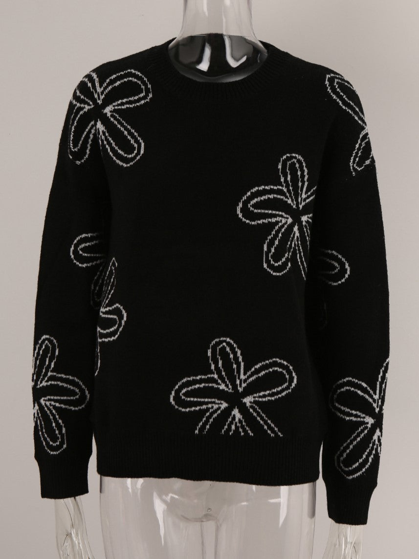 Sketched Daisy Crewneck Pullover Sweater - Black