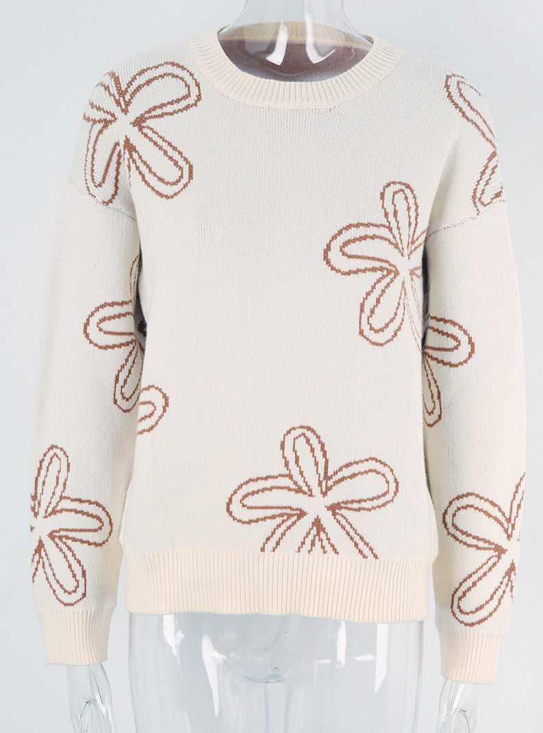 Sketched Daisy Crewneck Pullover Sweater - Camel - 2