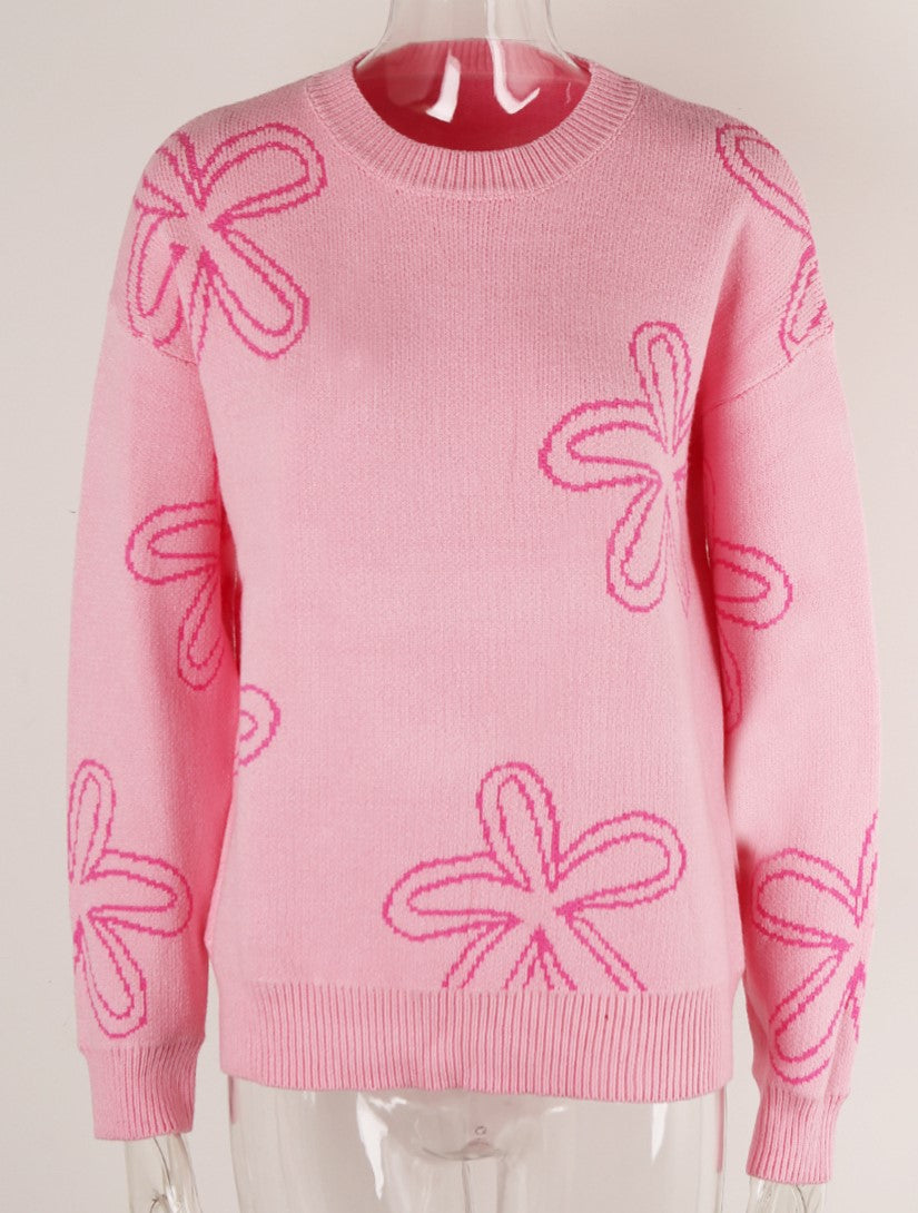 Sketched Daisy Crewneck Pullover Sweater - Pink - 2