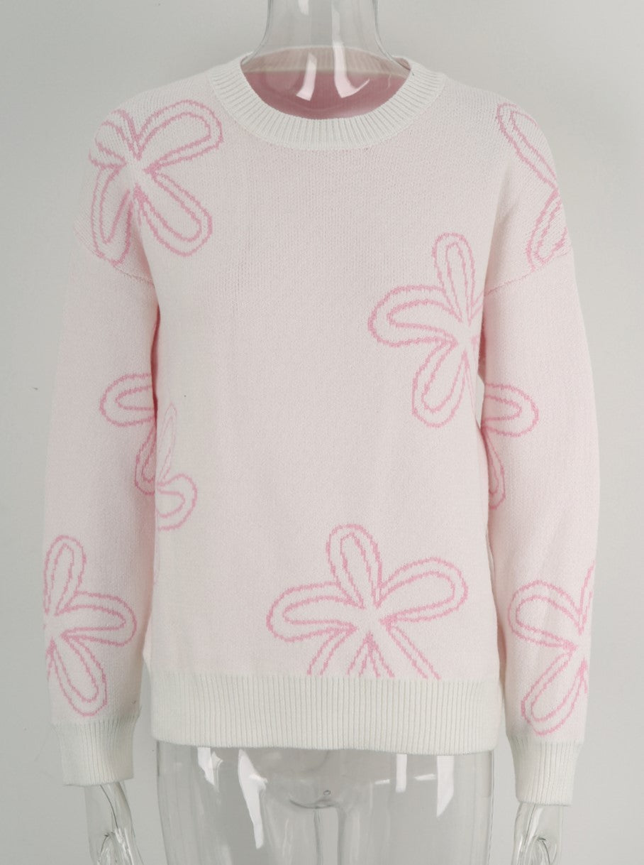 Sketched Daisy Crewneck Pullover Sweater - White - 2