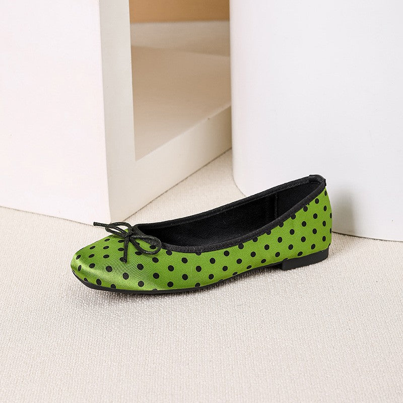 Glitter Square Toe Bow Ballet Flats - Green Polka Dot