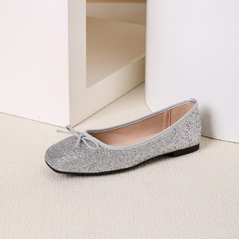 Glitter Square Toe Bow Ballet Flats - Silver