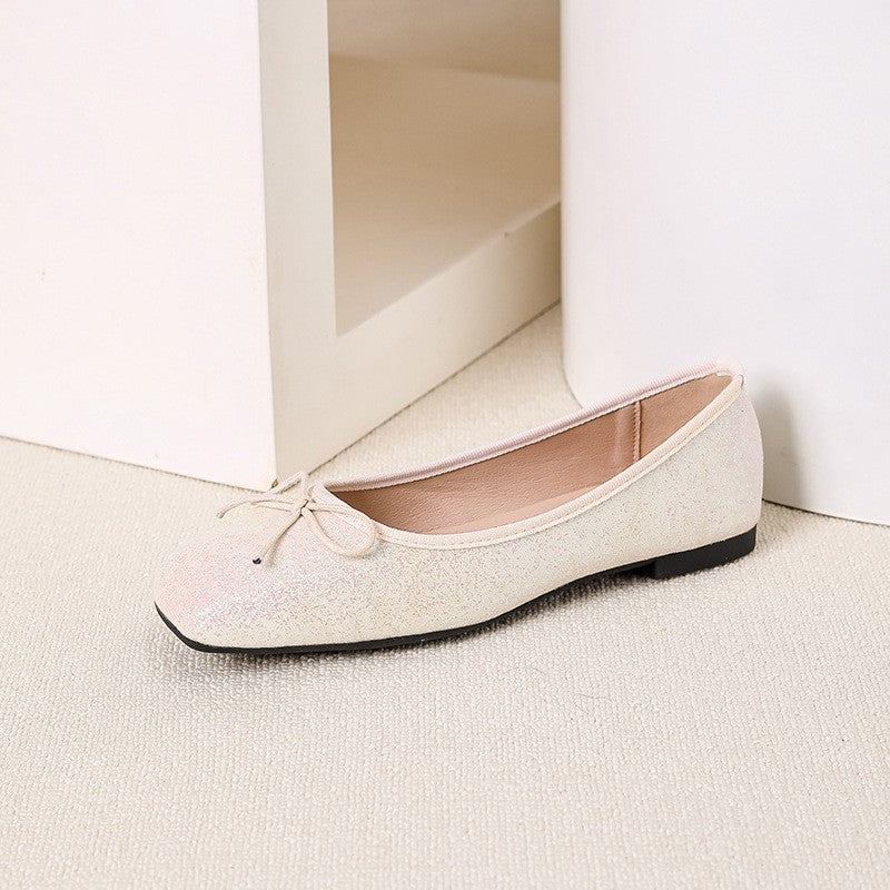 Glitter Square Toe Bow Ballet Flats - White